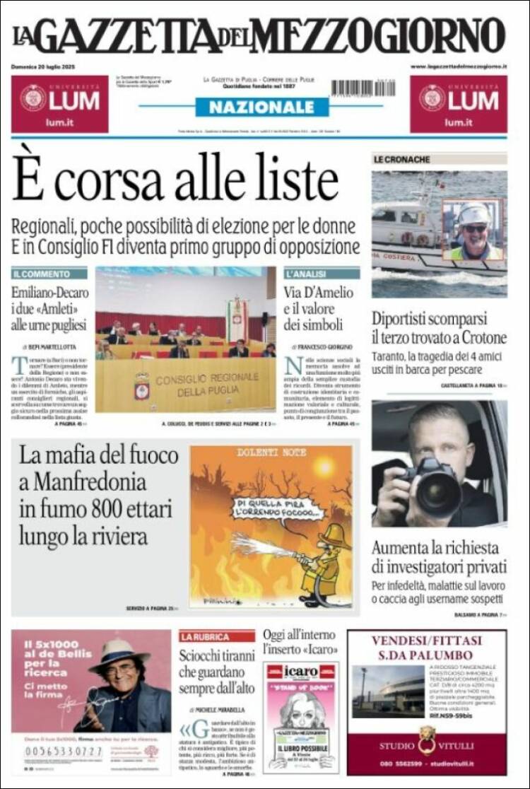 Portada de La Gazzetta del Mezzogiorno (Italia)