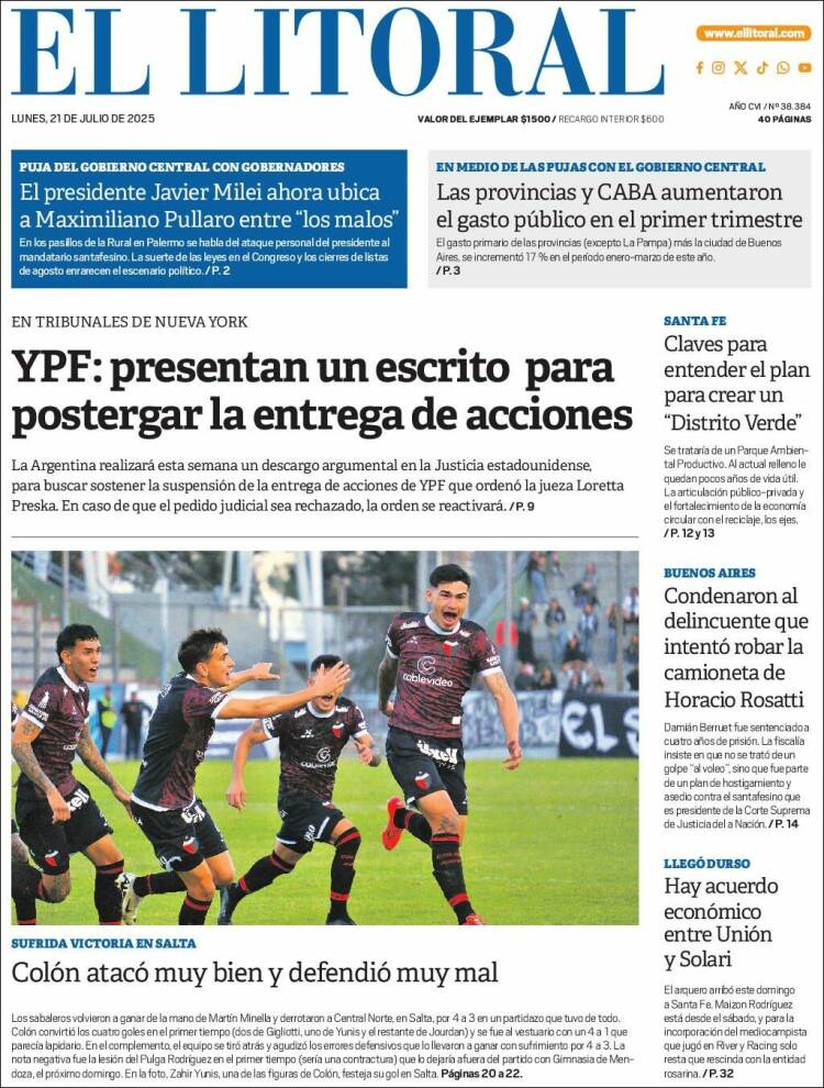 Portada de Diario El Litoral (Argentina)