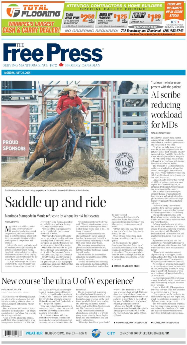 Portada de Winnipeg Free Press (Canadá)