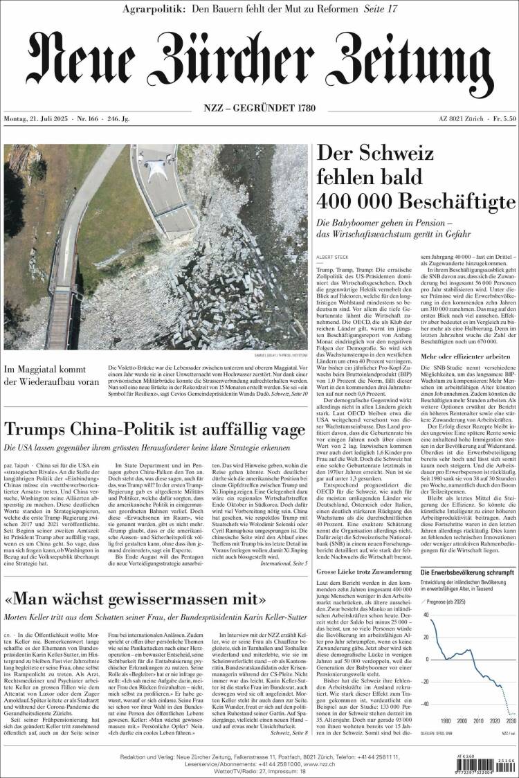 Portada de Neue Zürcher Zeitung (Suiza)