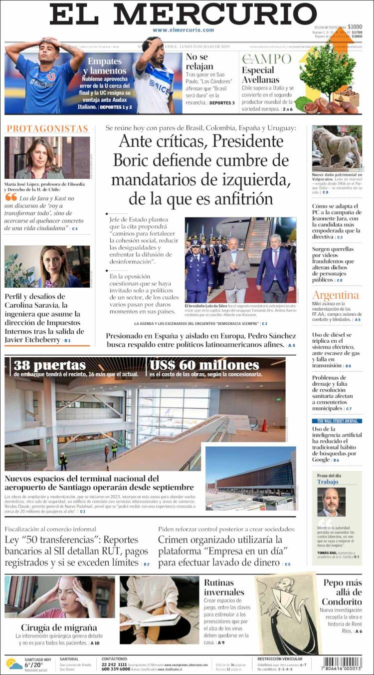 Portada de El Mercurio (Chile)