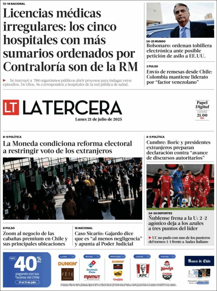 Portada de La Tercera (Chile)