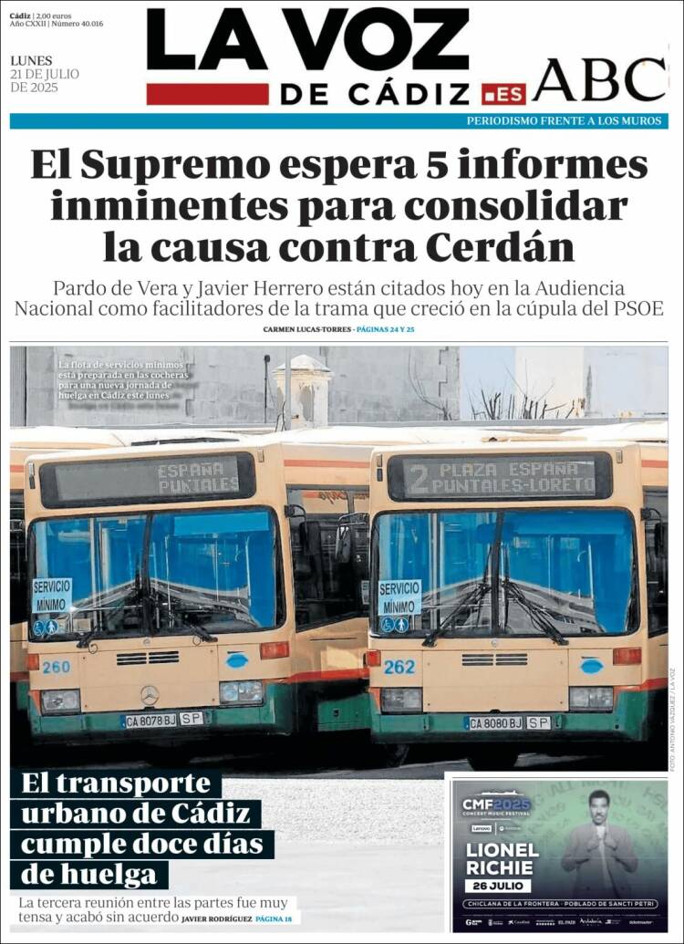 Portada de La Voz de Cádiz (España)