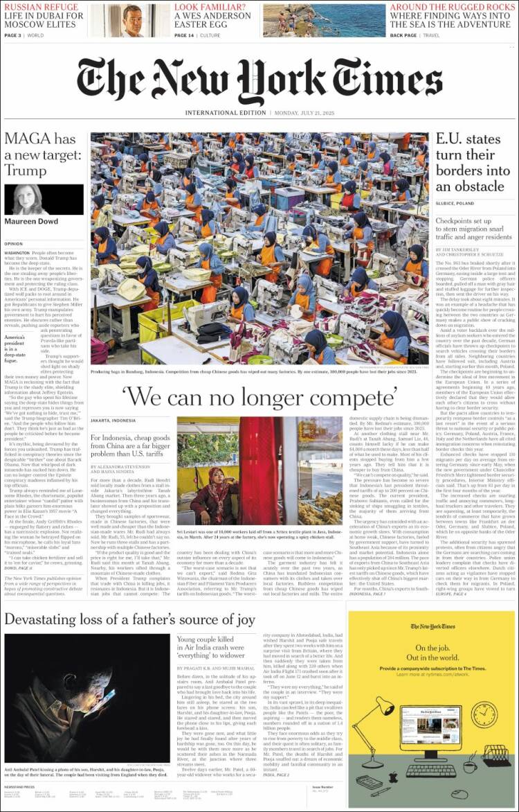 Portada de International New York Times (Europa)