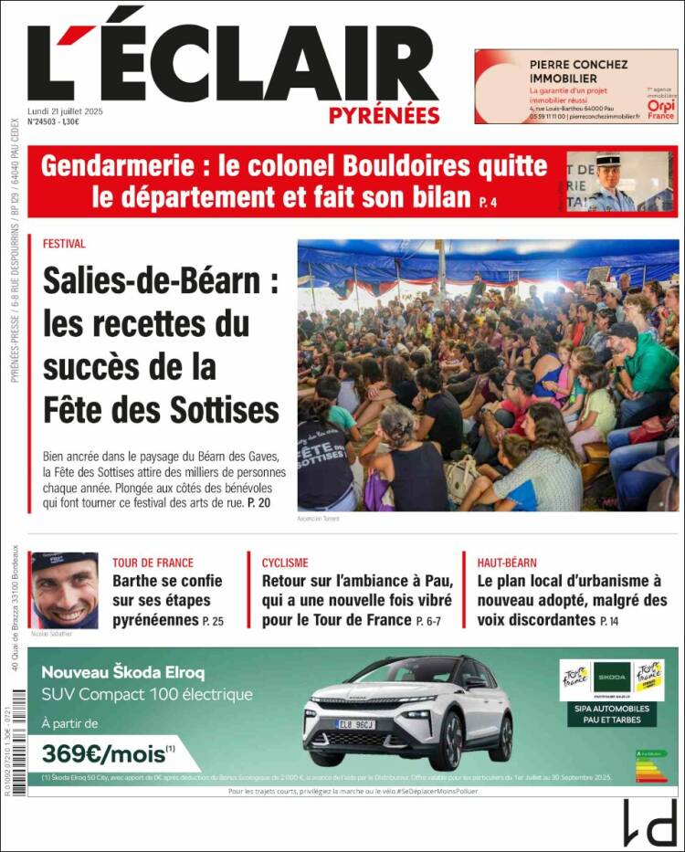 Portada de L'Eclair des Pyrénées (Francia)