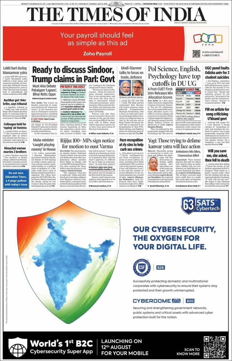 Portada de The Times of India (India)