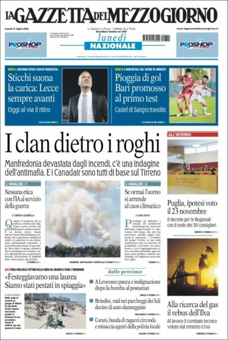 Portada de La Gazzetta del Mezzogiorno (Italia)