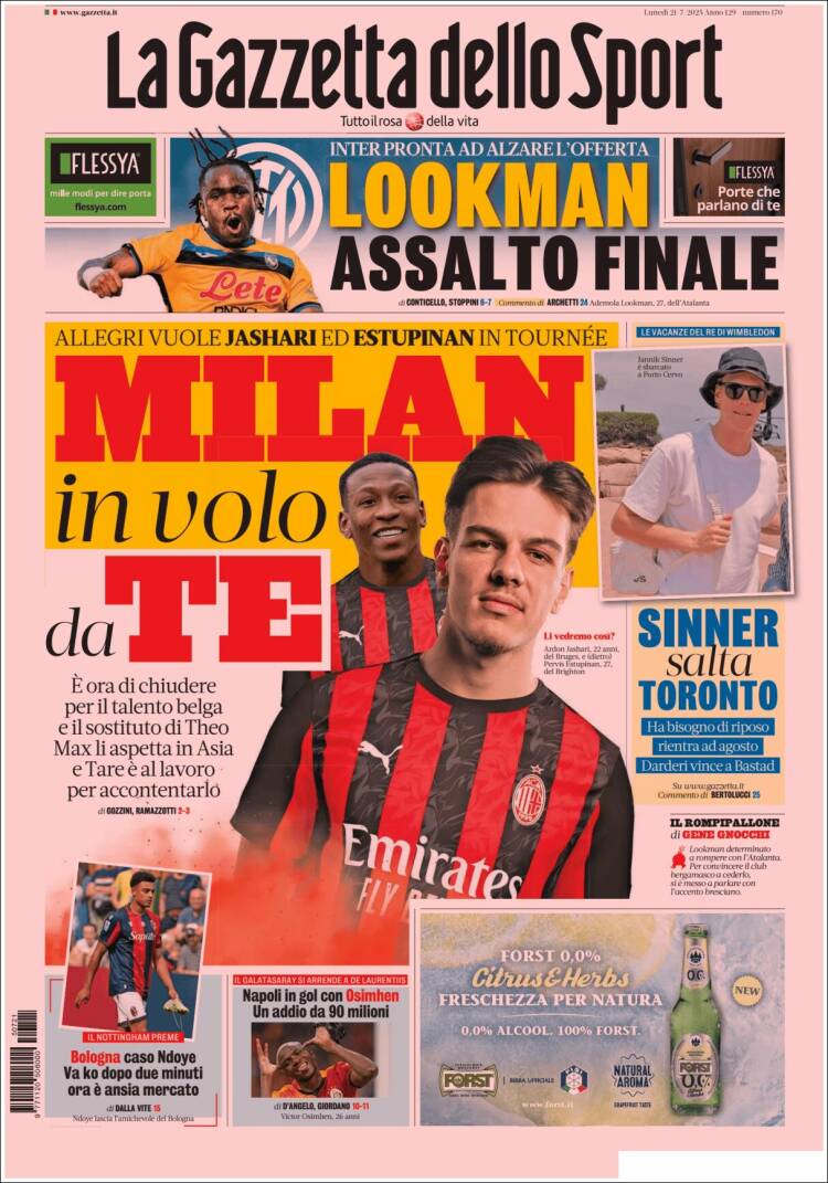 Portada de La Gazzetta dello Sport (Italia)