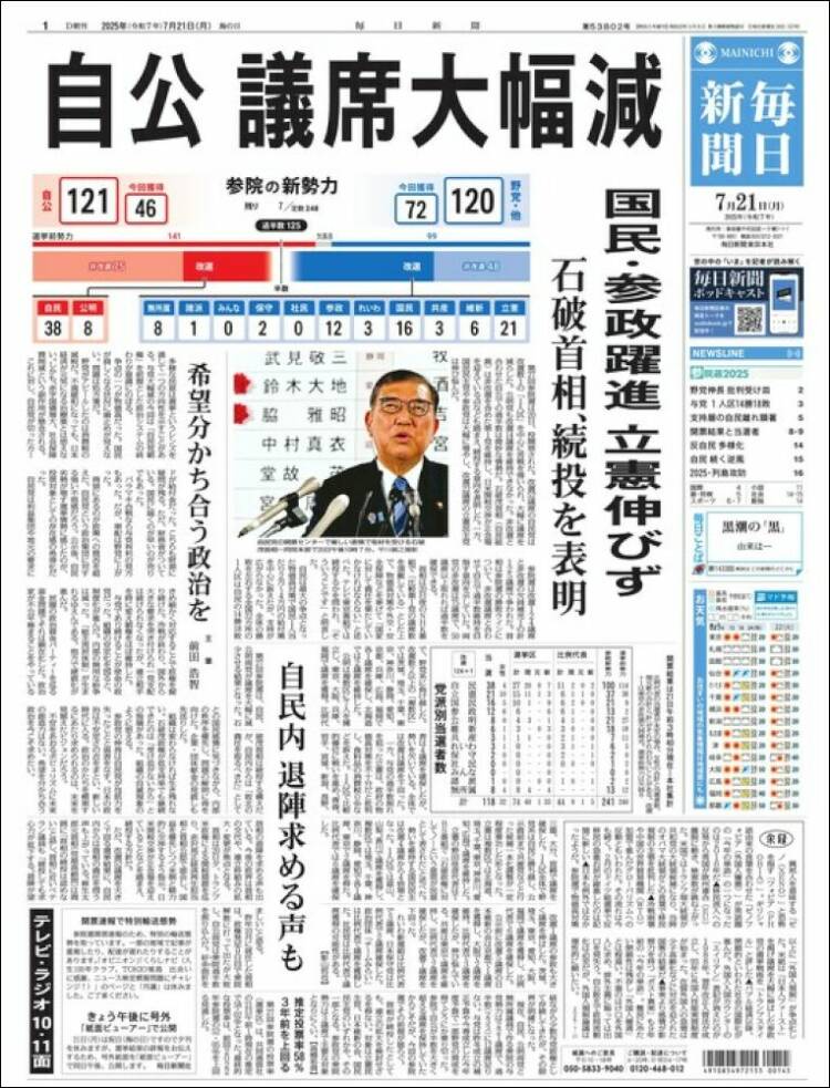 Portada de Mainichi Shimbun - 毎日新聞 (Japón)
