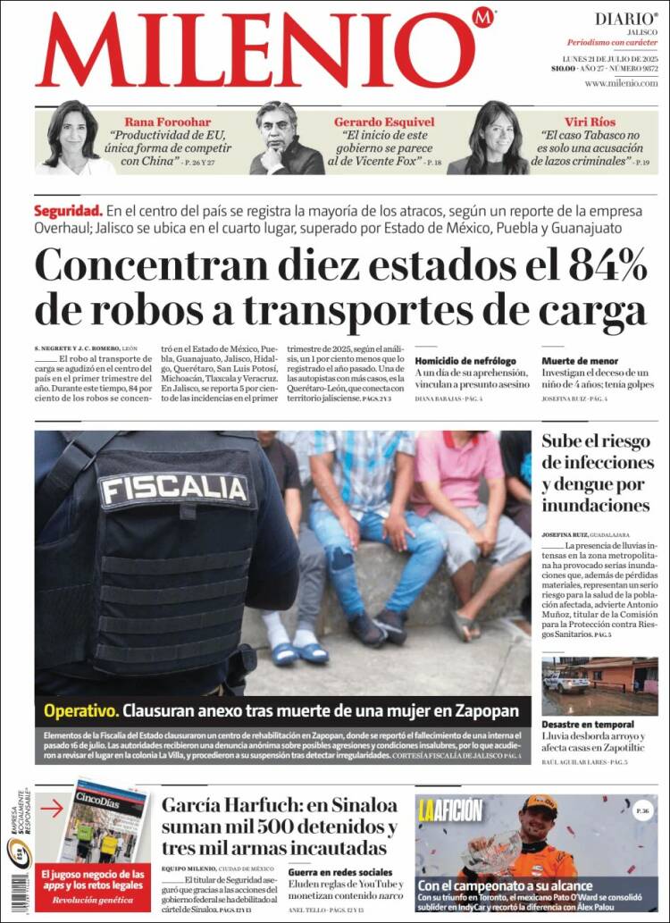 Portada de Milenio - Jalisco (México)