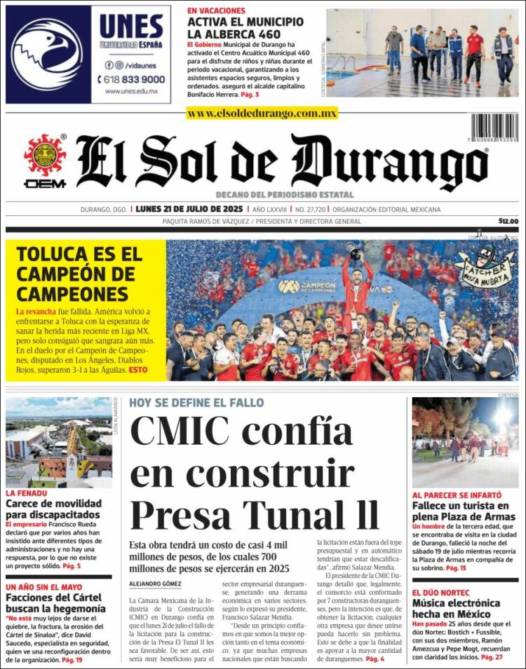 Portada de El Sol de Durango (Mexique)