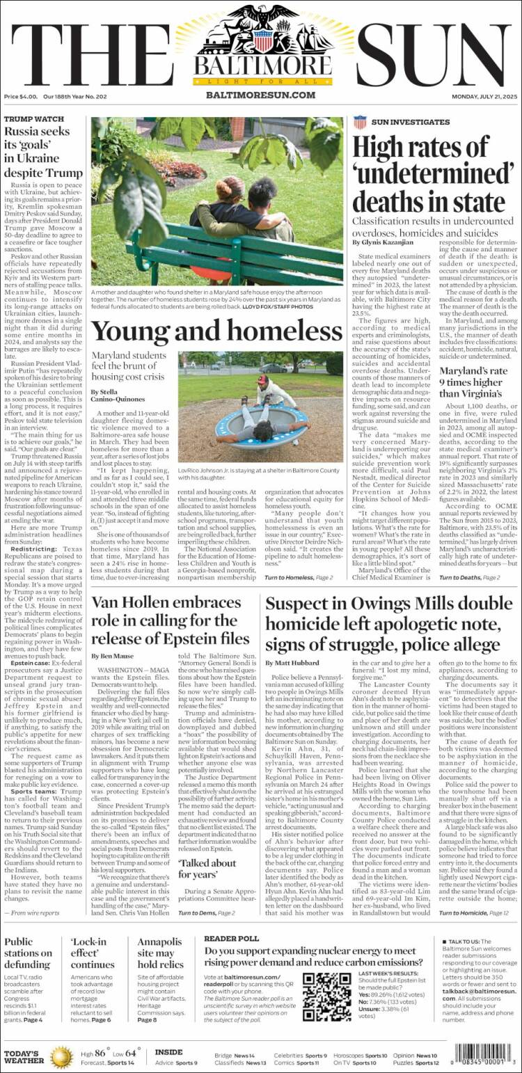 Portada de The Baltimore Sun (USA)