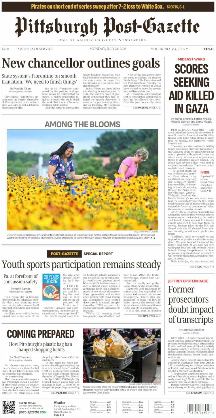 Portada de Pittsburgh Post-Gazette (USA)