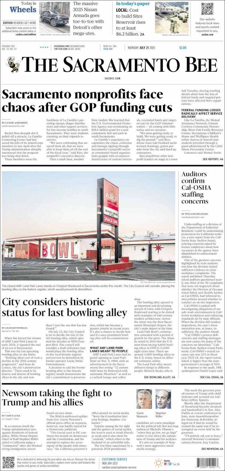 Portada de The Sacramento Bee (USA)
