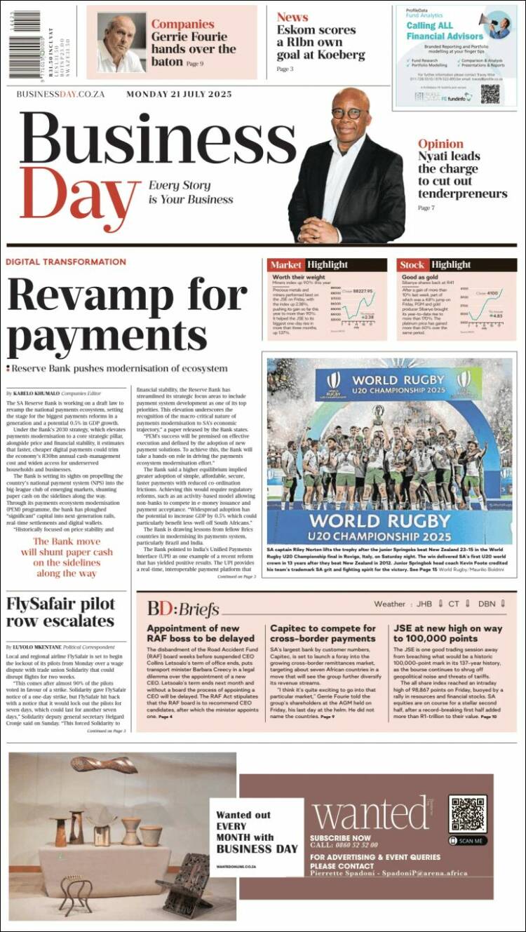 Portada de Business Day (South Africa)