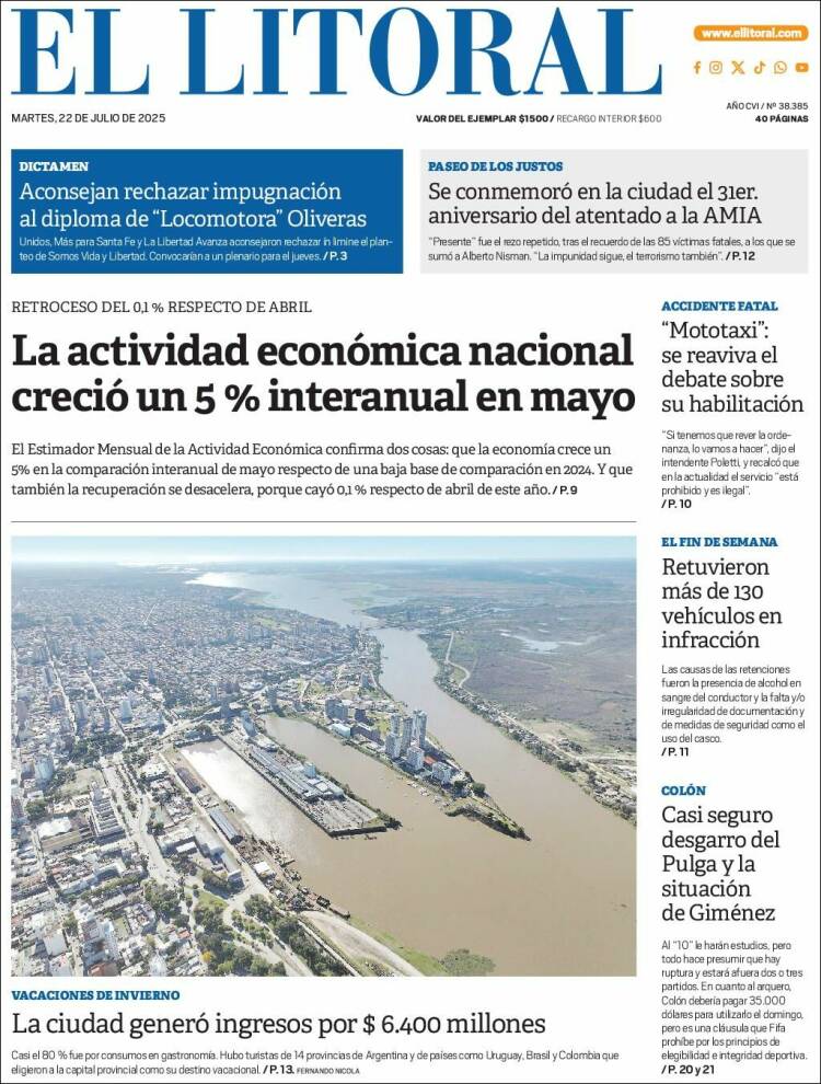 Portada de Diario El Litoral (Argentina)