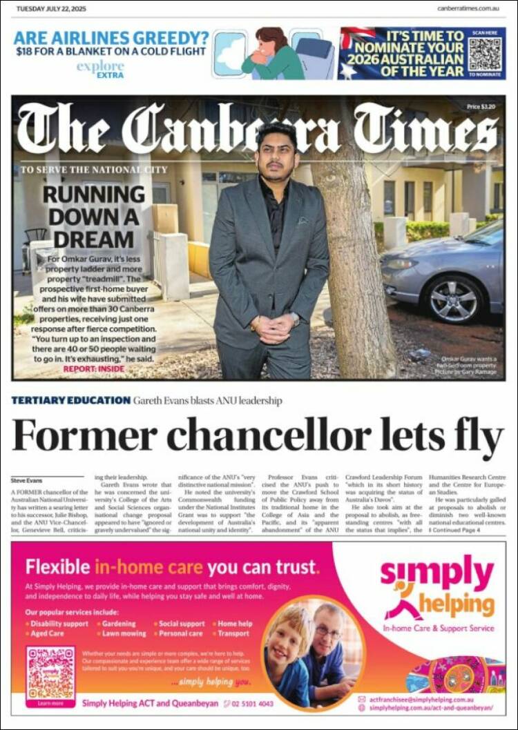 Portada de The Canberra Times (Australia)