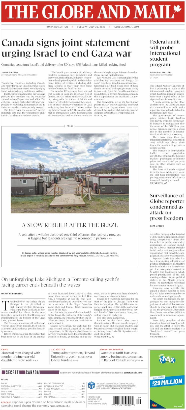 Portada de The Globe and Mail (Canadá)