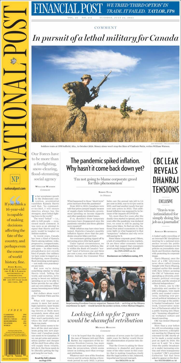 Portada de The National Post (Canadá)