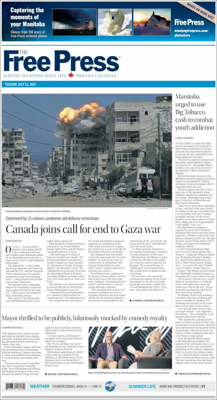 Portada de Winnipeg Free Press (Canadá)