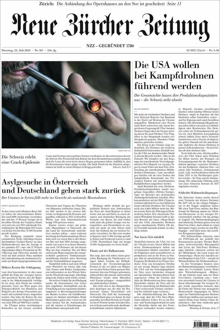Portada de Neue Zürcher Zeitung (Suiza)