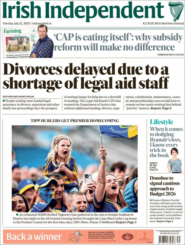 Portada de Irish Independent (Irlanda)