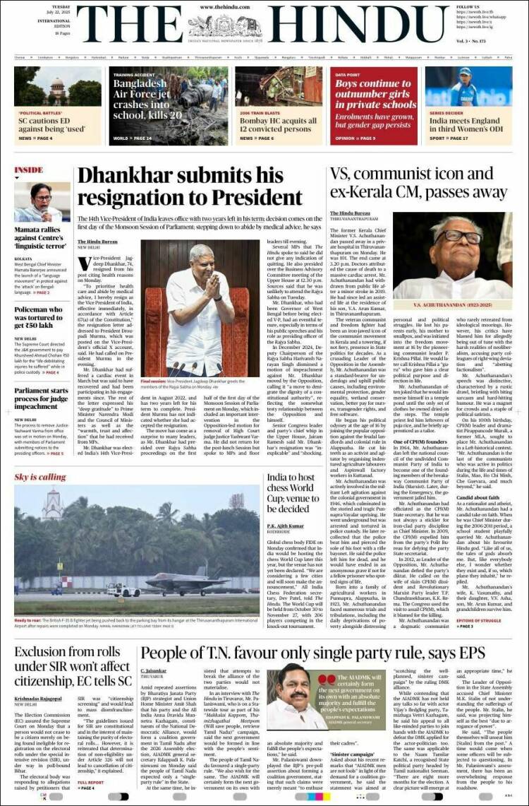 Portada de The Hindu (India)