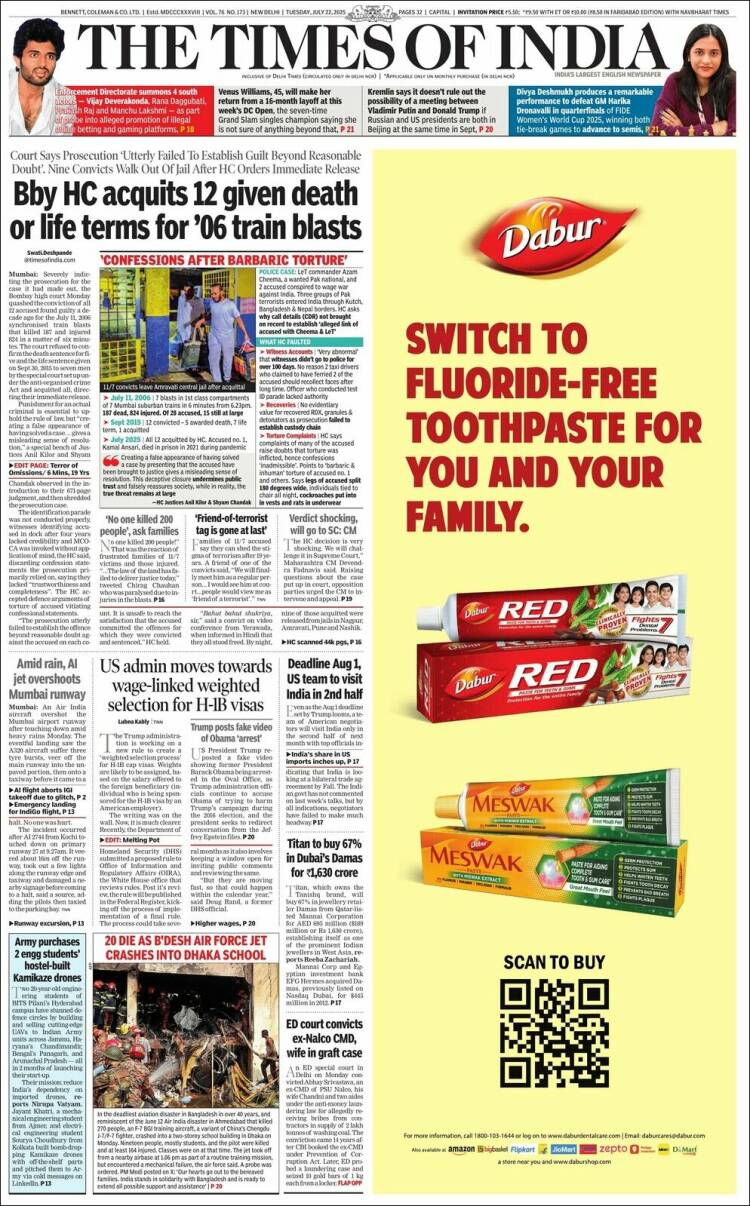 Portada de The Times of India (India)