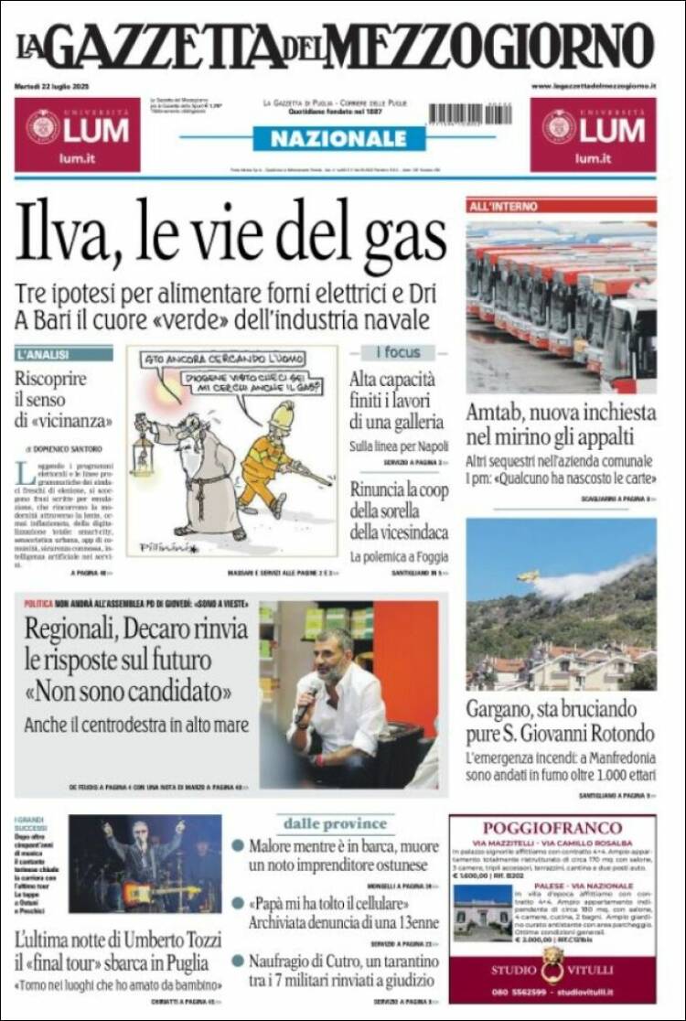 Portada de La Gazzetta del Mezzogiorno (Italia)
