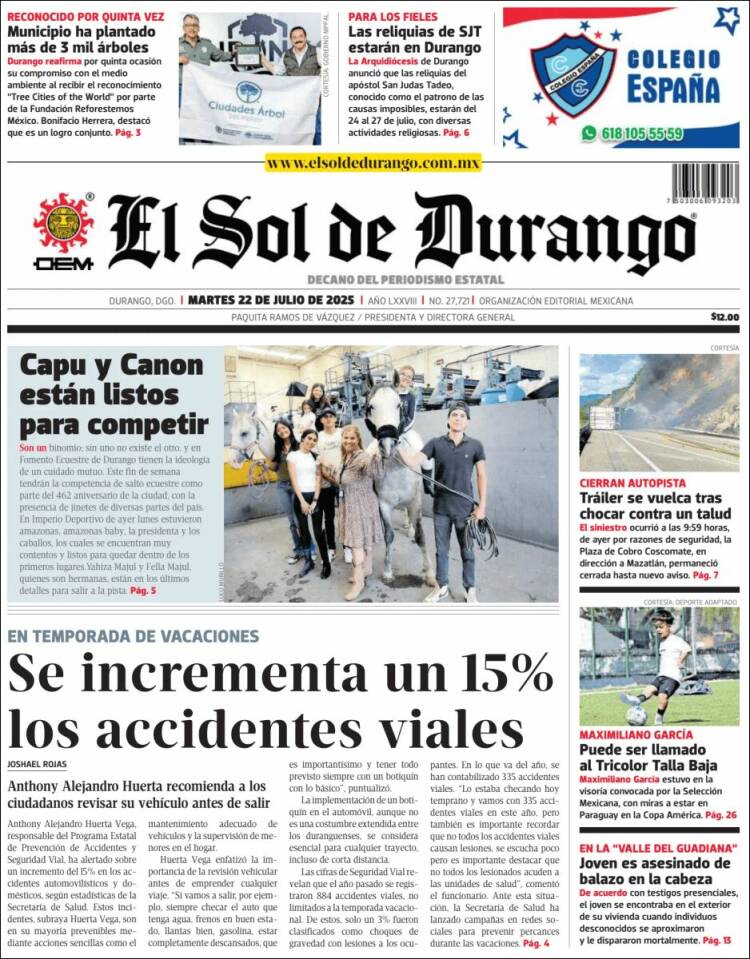 Portada de El Sol de Durango (México)