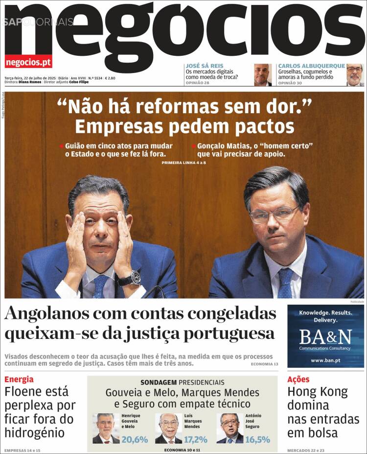 Portada de Jornal de Negócios (Portugal)