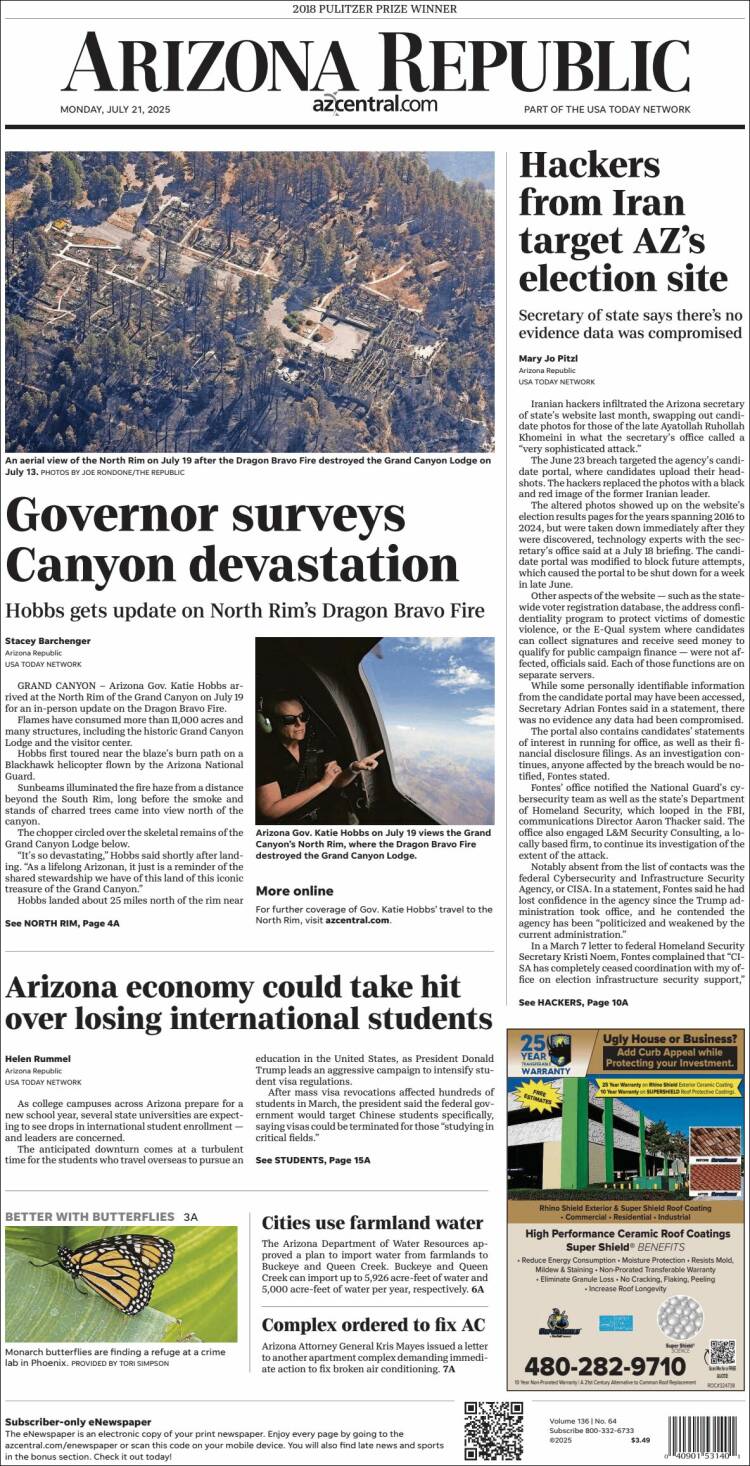 Portada de Arizona Republic News (USA)