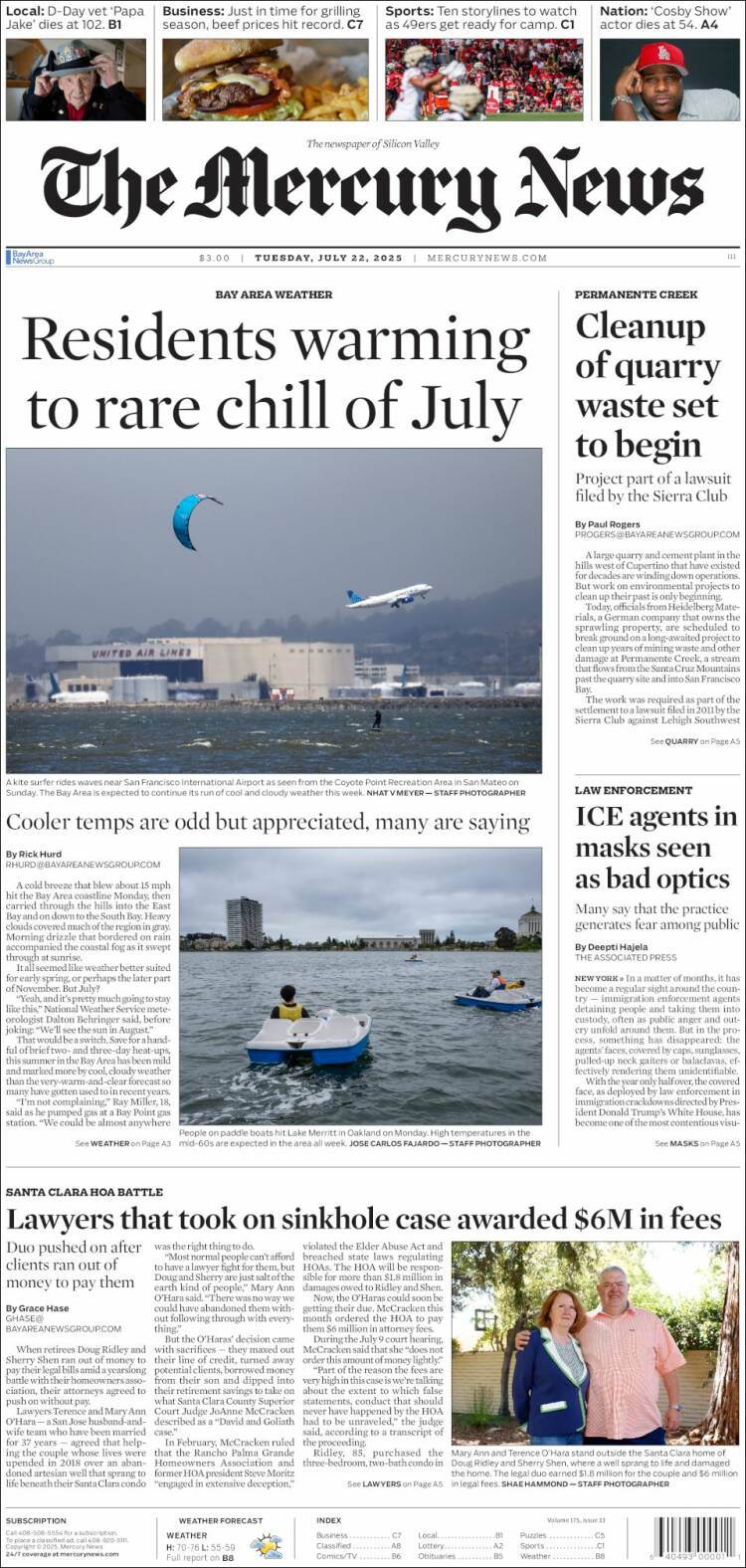 Portada de San Jose Mercury News (USA)