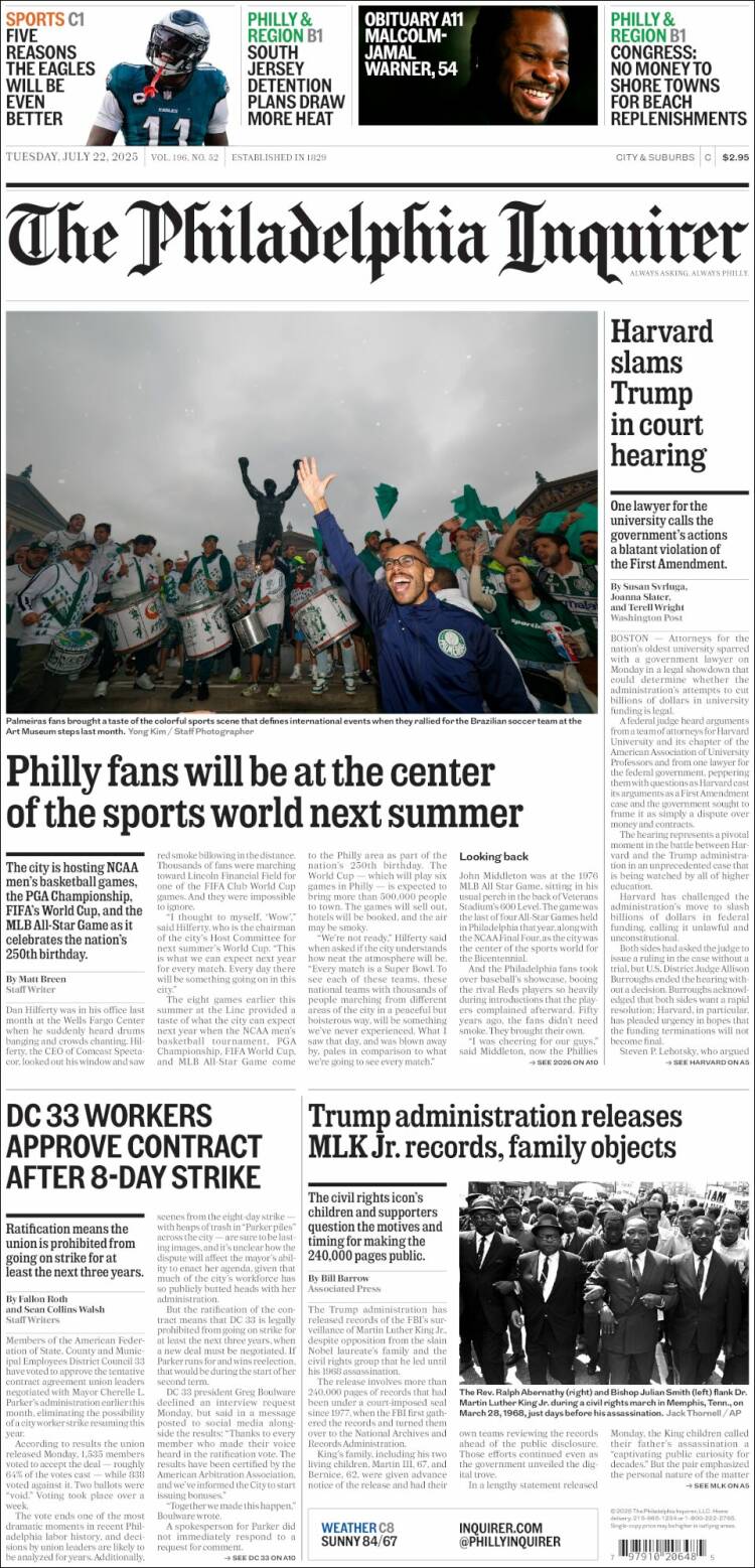 Portada de Philadelphia Inquirer (USA)