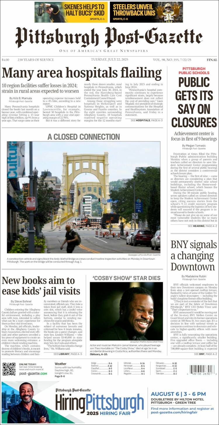 Portada de Pittsburgh Post-Gazette (USA)