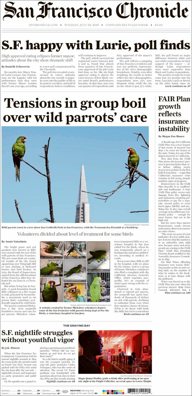 Portada de San Francisco Chronicle (USA)