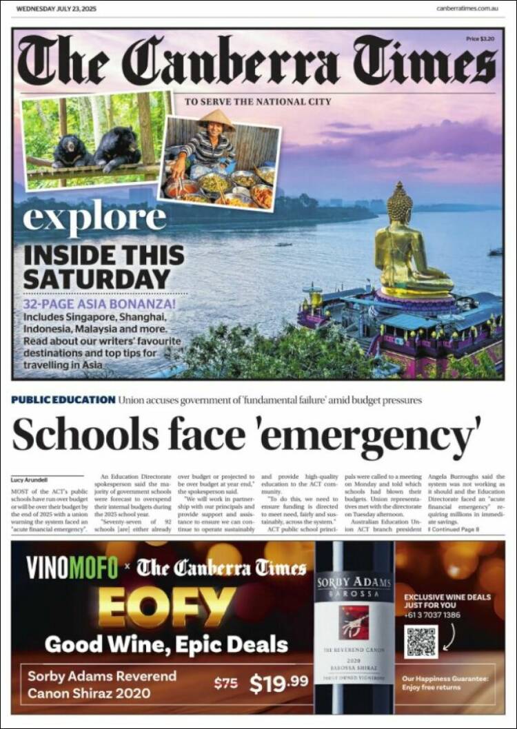 Portada de The Canberra Times (Australia)