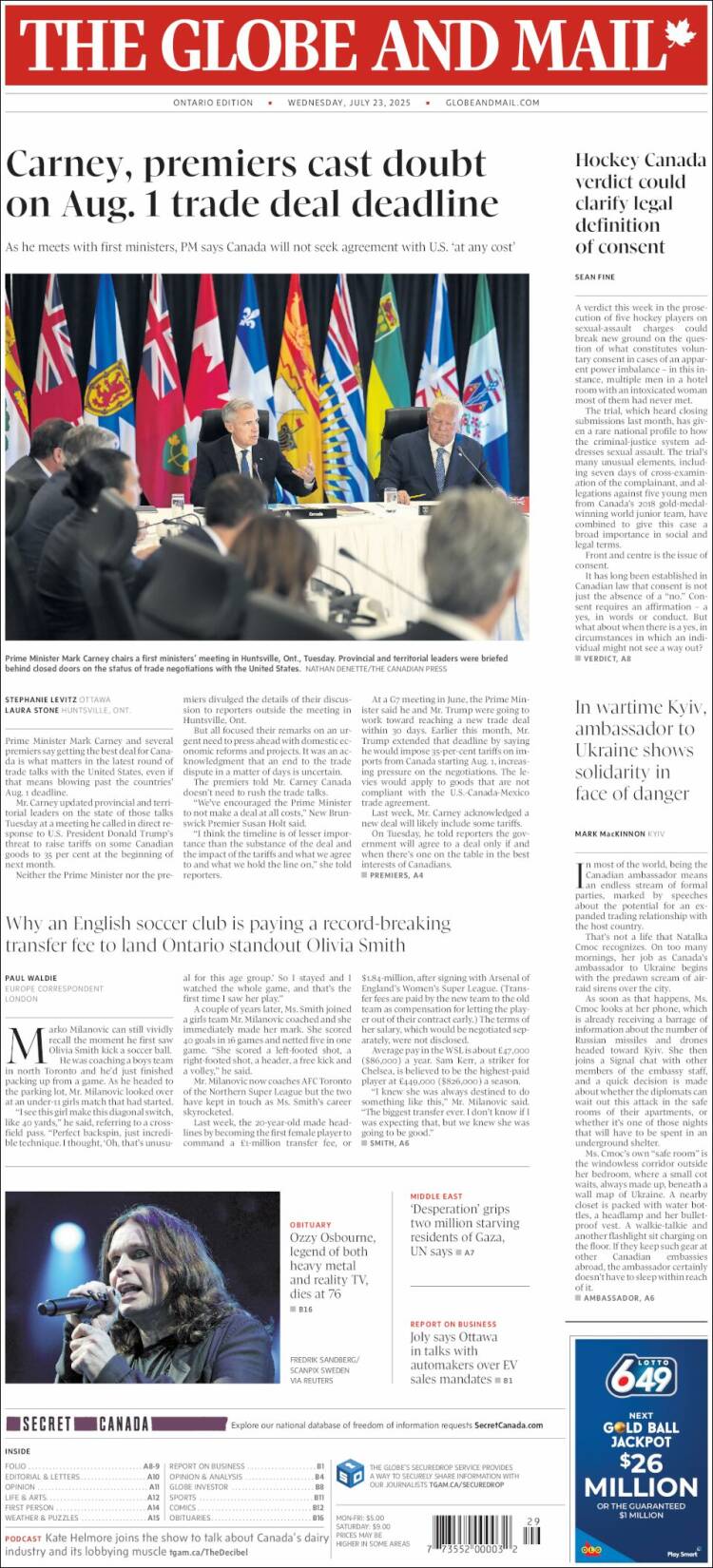 Portada de The Globe and Mail (Canadá)