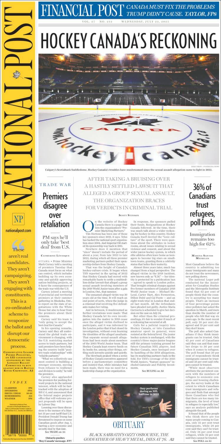 Portada de The National Post (Canadá)