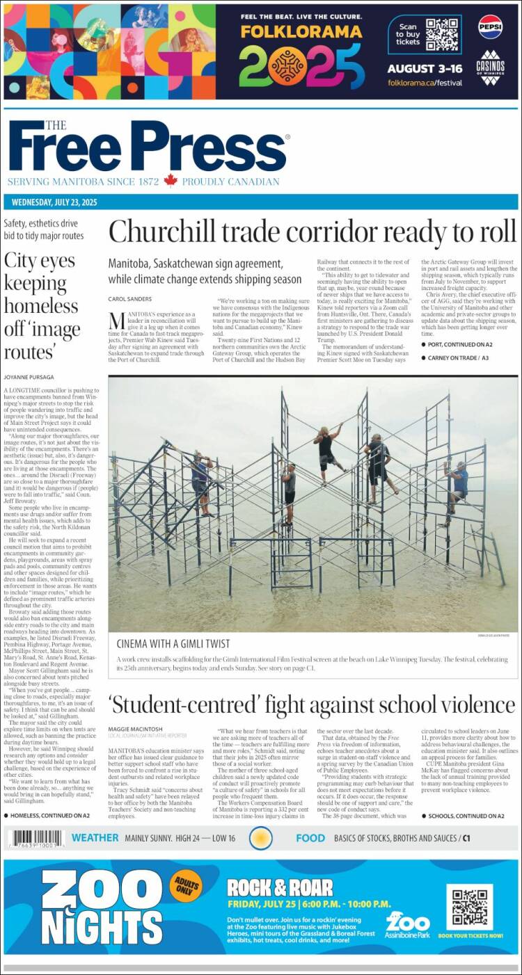Portada de Winnipeg Free Press (Canadá)