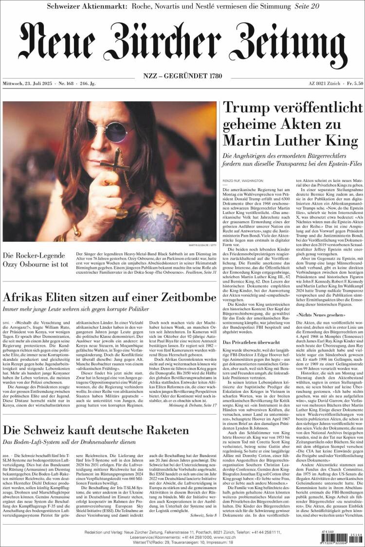 Portada de Neue Zürcher Zeitung (Suiza)