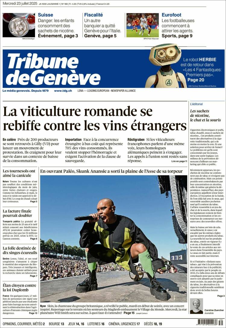 Portada de La Tribune de Genève (Suiza)