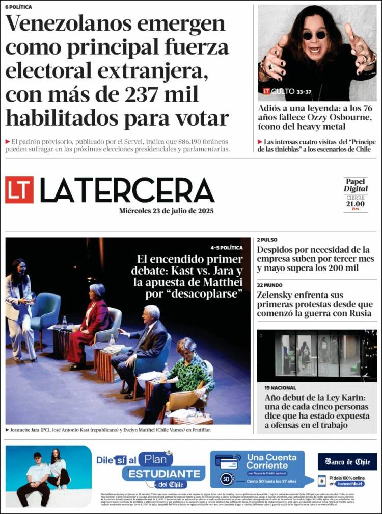 Portada de La Tercera (Chile)