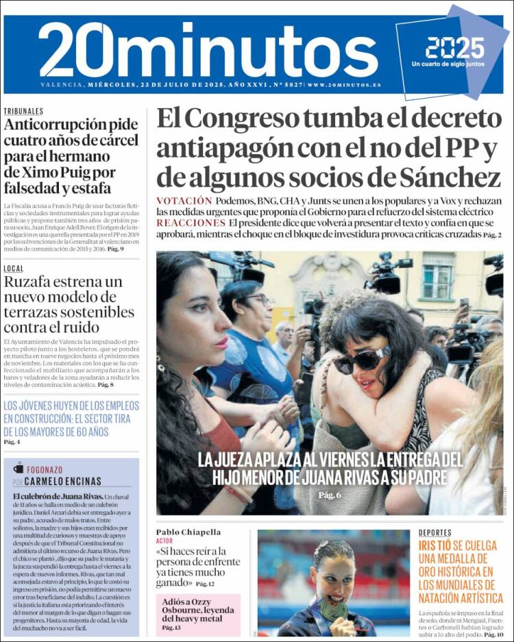 Portada de 20 Minutos - Valencia (España)