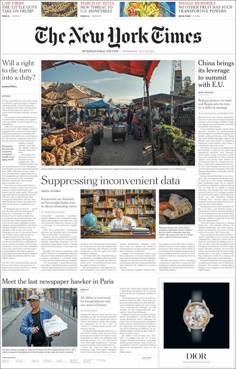 Portada de International New York Times (Europa)
