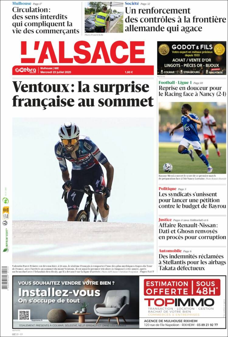 Portada de Journal L'Alsace (Francia)