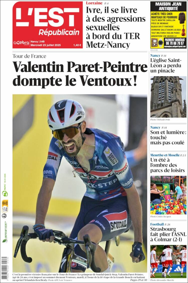 Portada de L'Est Republicain (Francia)