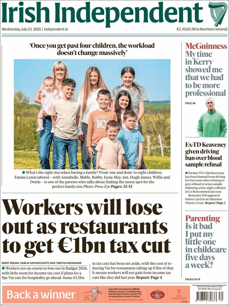 Portada de Irish Independent (Irlanda)