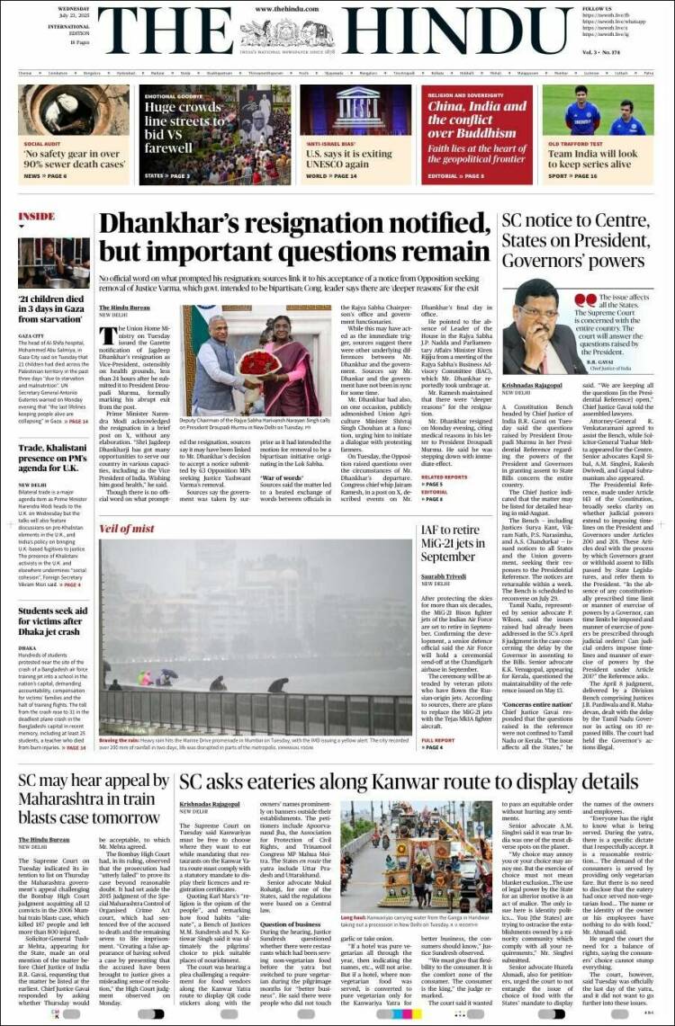 Portada de The Hindu (India)