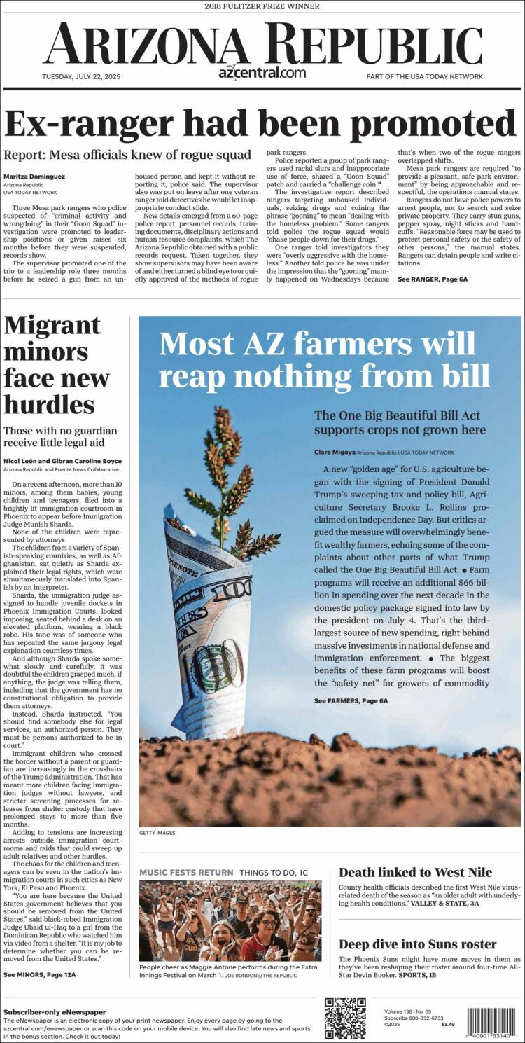 Portada de Arizona Republic News (USA)